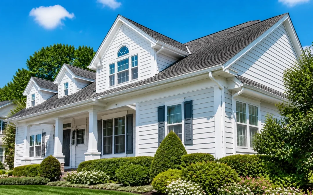 Long Island home with a dark shingle roof and white siding under a clear sky